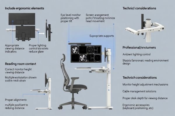 Radiology reading room showing ergonomic PACS monitor positioning and clear screen zoning