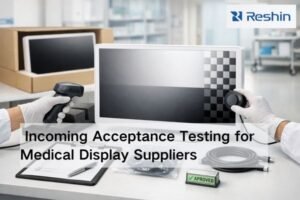 Incoming inspection of a medical-grade display in a hospital receiving area, showing text-free test patterns with scanning and calibration tools to verify supplier reliability.