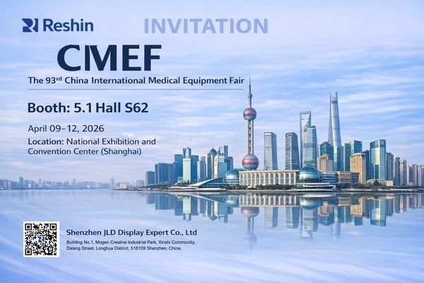 Reshin invitation banner for CMEF 2026 in Shanghai, featuring booth 5.1 Hall S62, event dates April 09–12, 2026, and the Shanghai skyline.