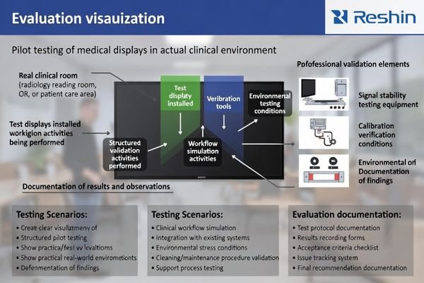 Pilot validation setup in a clinical room evaluating medical display stability, QC workflow, and support readiness