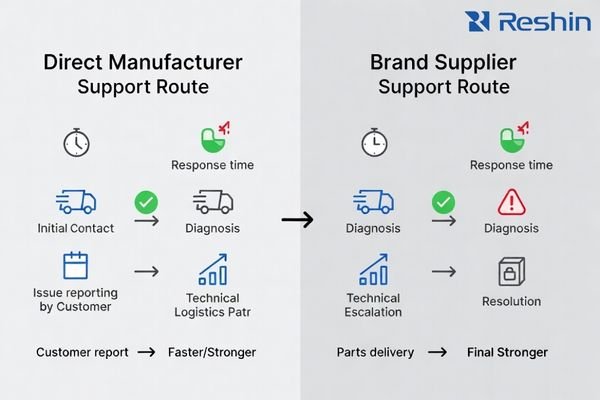 Service model showing RMA ownership, spares availability, repair turnaround, and escalation to factory engineering