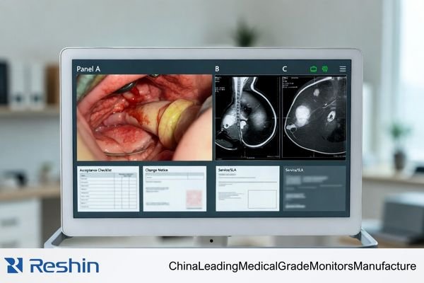 Medical-grade monitor in a hospital meeting room showing text-free multi-modality images, with acceptance checklist, change notice, and SLA papers for supplier due diligence.