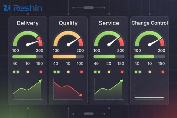 Supplier scorecard approach using measurable KPIs for delivery, quality, change control, and service