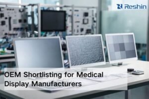 OEM evaluation workspace with modern medical-grade displays showing text-free test patterns, calibration tools, and documentation samples for manufacturer shortlisting.