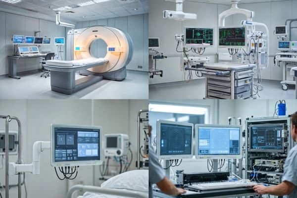 Photorealistic montage of typical medical equipment projects—radiology control room, operating room/endoscopy suite, ICU monitoring, and device integration lab—highlighting long-term supply medical display planning and supply continuity.