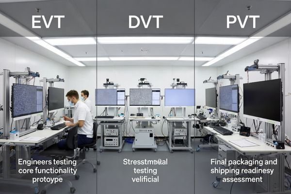 Staged OEM validation plan for medical monitor manufacturing partners across EVT, DVT, and PVT gates