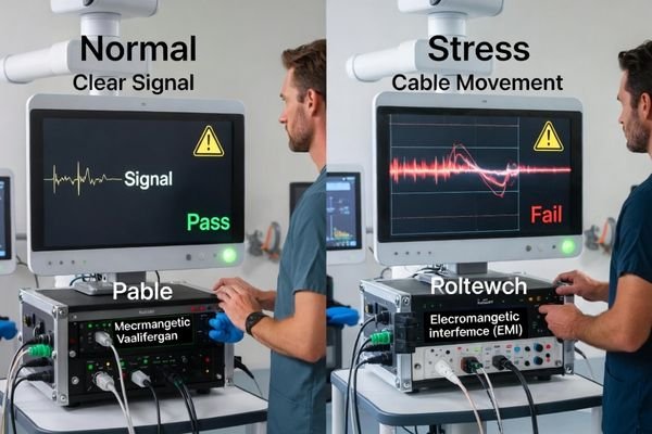 Real-room integration validation for medical displays with switching, recording, cable stress, and EMI triggers