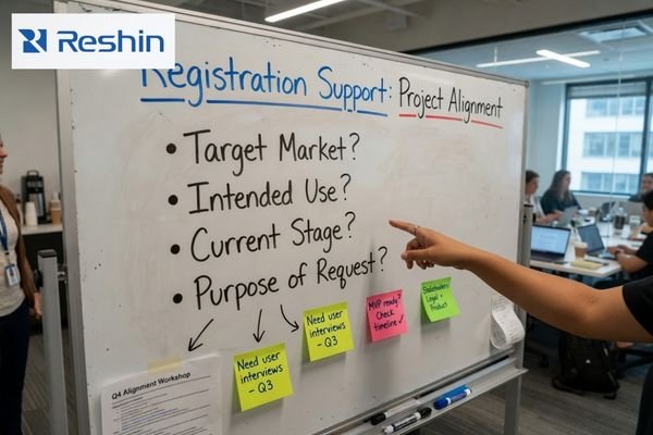 A project planning document or whiteboard showing key questions: 'Target Market?', 'Intended Use?', 'Current Stage?'