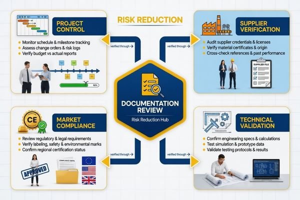 A structured supplier review process with documents used for verification, technical review, and risk reduction
