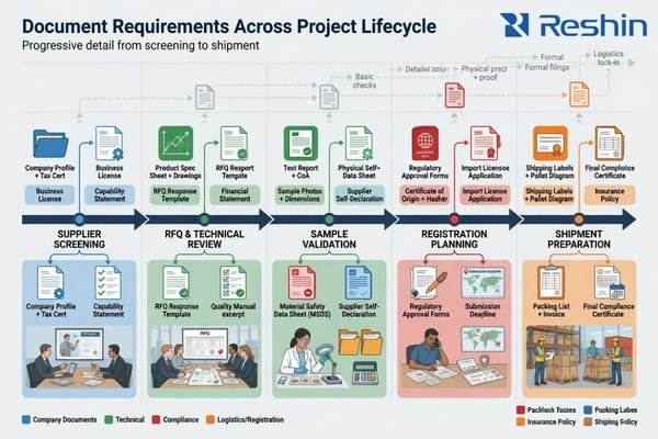 A timeline showing document requests across supplier screening, RFQ, validation, registration, and shipment stages