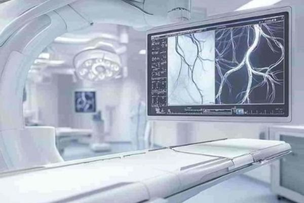 C-arm imaging display solution with medical monitor showing angiography reference images
