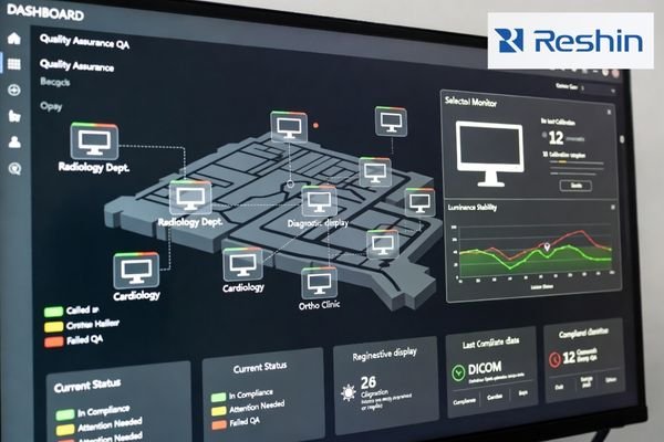 An image of a QA software dashboard on a computer, showing the status and calibration history of multiple diagnostic displays across a hospital network