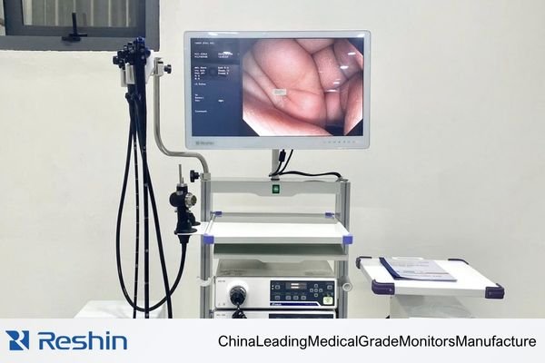 An engineer reviewing processor output, signal path, and monitor mounting fit in an endoscopy system project