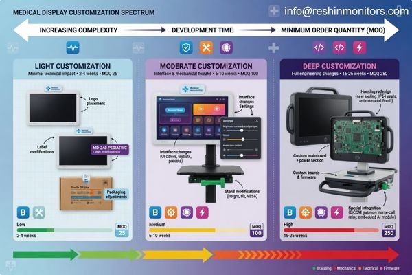 A visual split between light customization such as logo and label changes, and deeper engineering customization such as interfaces or housing