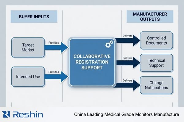 A flowchart illustrating the collaborative process of registration support, showing inputs from the buyer (market, intended use) and outputs from the manufacturer (documents, tech support, change notices)
