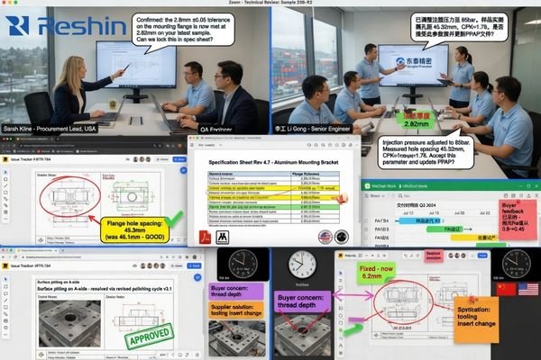 An image showing a buyer and supplier engineering team reviewing project details in a structured online meeting