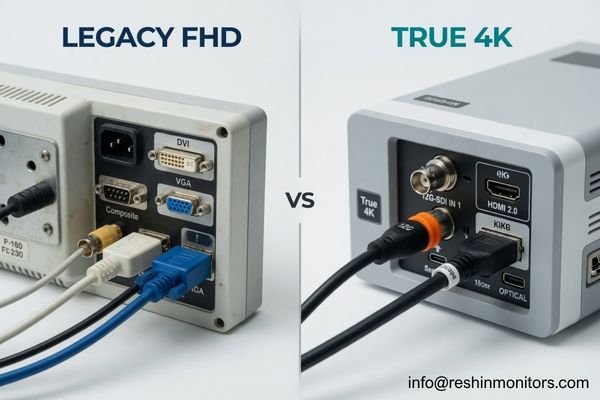 A split image showing a legacy FHD connection panel with DVI/VGA on one side, and a modern 4K panel with 12G-SDI/HDMI 2.0 on the other