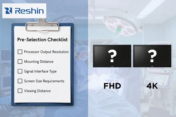 A project checklist showing procedure type, processor output, screen size, mounting position, and viewing distance for surgical monitor selection