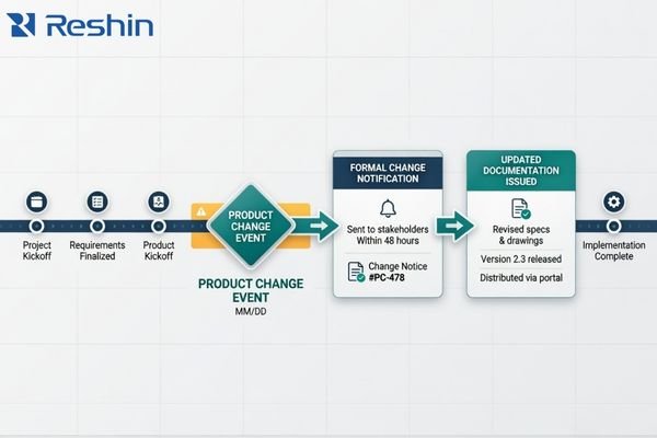 A timeline graphic showing a project with a change event, followed by a formal 'Change Notification' and 'Updated Documentation' step