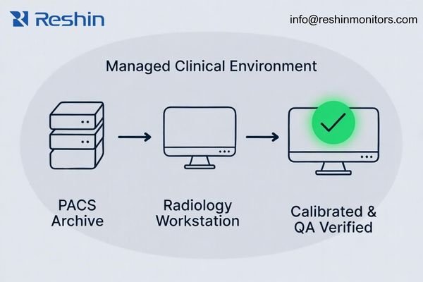 A diagram illustrating a controlled workflow, from PACS server to workstation to a calibrated diagnostic display with a QA checkmark
