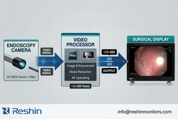 A diagram showing a complete and defined video chain: Endoscopy Camera -> Video Processor -> 12G-SDI Output -> Surgical Display”><figcaption>Defined video chain for surgical display sampling</figcaption></figure>
</p>
<p>When a sample review becomes vague, the problem is often not the display. The problem is that the team never tested the display inside a realistic path. Before a sample is even powered on, I usually want these questions answered: what exact camera and processor are being used, what signal is coming out, whether a matrix or converter sits in the middle, and whether the test path matches the one planned for the final system.</p>
<h3>What the Test Path Needs to Reflect</h3>
<p>If the final equipment will run through a specific SDI path, that is the path I want to see during sampling. If the final system depends on conversion or switching, I want that in the test too. In our own project reviews, we normally start by mapping the actual signal route first, because <a href=