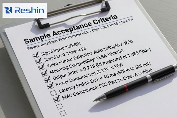 A clipboard with a checklist labeled 'Sample Acceptance Criteria', including items like 'Signal Lock Time < 2s' and 'Mounting: VESA 100x100'