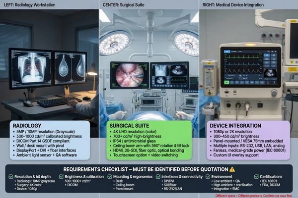 An image showing different medical display use cases, including radiology, surgery, and device integration