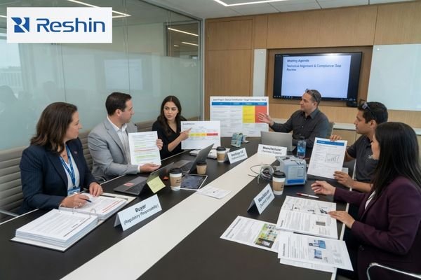 An image showing two distinct teams at a table: one labeled 'Manufacturer (Technical Support)' and the other 'Buyer (Regulatory Responsibility)'
