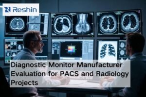 Radiologist and hospital engineer reviewing diagnostic monitors for PACS and radiology project evaluation in a medical imaging reading room