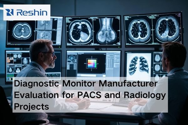 Radiologist and hospital engineer reviewing diagnostic monitors for PACS and radiology project evaluation in a medical imaging reading room