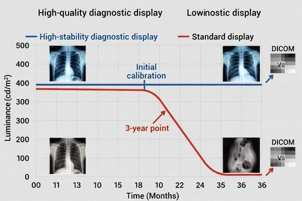 A graph showing a stable luminance output over time for a high-quality display, contrasted with a decaying line for a lower-quality one