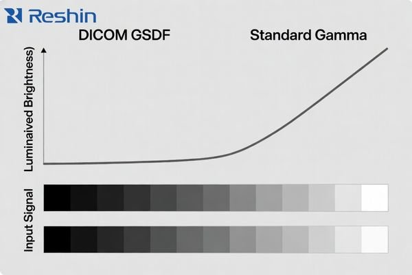 A graphic comparing a smooth, perceptually linear DICOM grayscale ramp to a standard gamma curve with crushed blacks and blown-out whites