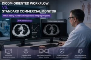 Radiologist comparing a DICOM-oriented diagnostic monitor with a standard commercial monitor in a medical imaging workstation
