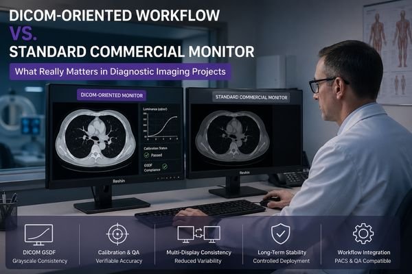 Radiologist comparing a DICOM-oriented diagnostic monitor with a standard commercial monitor in a medical imaging workstation