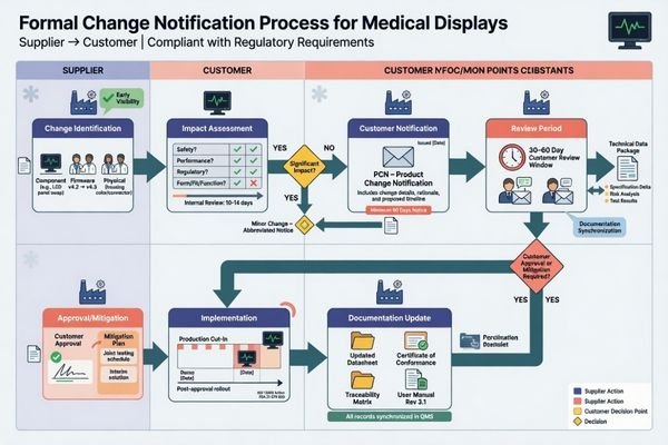 A flowchart illustrating a formal change notification process, from initial alert to customer evaluation and approval
