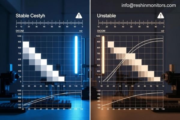 A calibration-focused visual showing stable luminance behavior, repeatable grayscale performance, and long-term image consistency