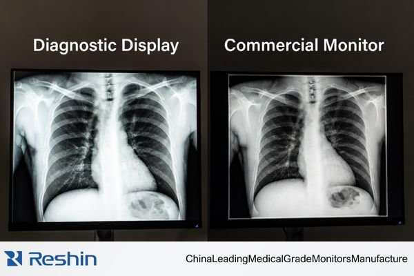 An image showing a diagnostic display side-by-side with a commercial monitor, with the diagnostic display showing more detail in the dark areas of an X-ray