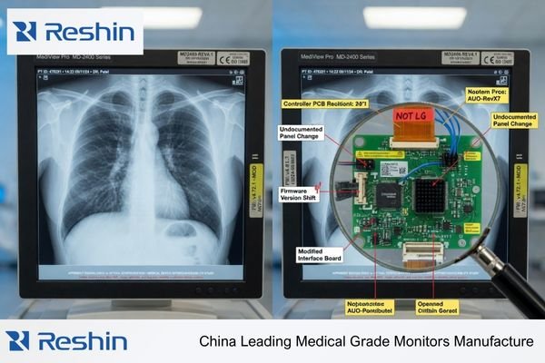An image showing two identical-looking displays, with a magnifying glass revealing subtle internal component differences in one of them