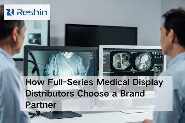 Medical display distributors reviewing a full-series medical monitor brand partnership in a premium showroom