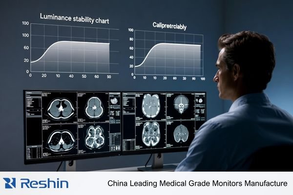 An image of a radiologist confidently reading an image on a diagnostic display, with subtle graphs showing luminance stability in the background
