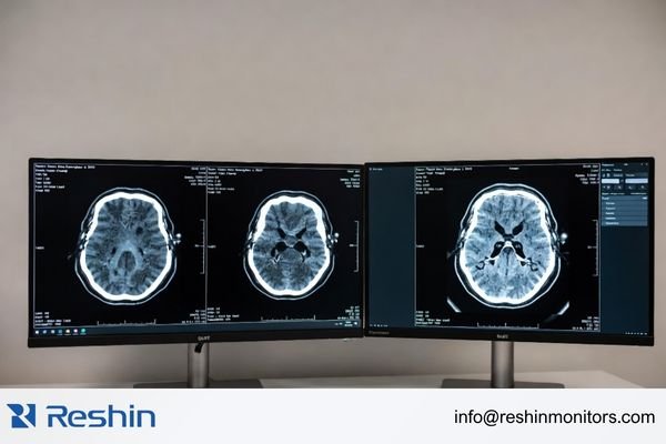 An image of three displays side-by-side; the two diagnostic displays are perfectly matched, while the third commercial display shows a noticeable color and brightness difference