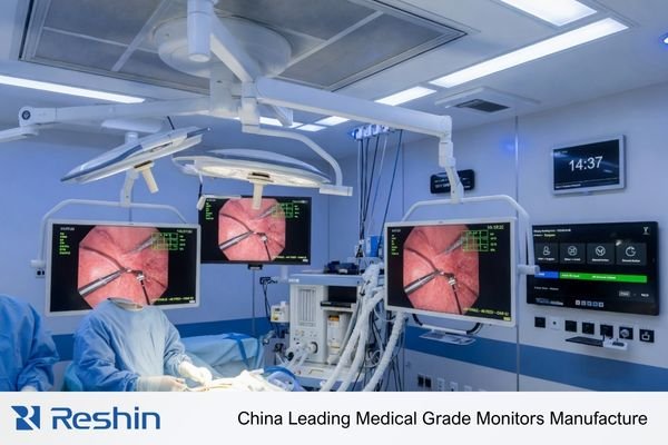 An integrated operating room with multiple surgical displays on boom arms, showing a clean and organized setup