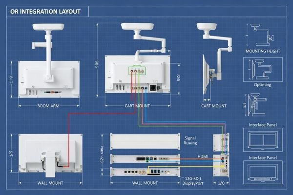 An OR integration layout showing monitor interfaces, signal routing, and mounting options for endoscopy systems