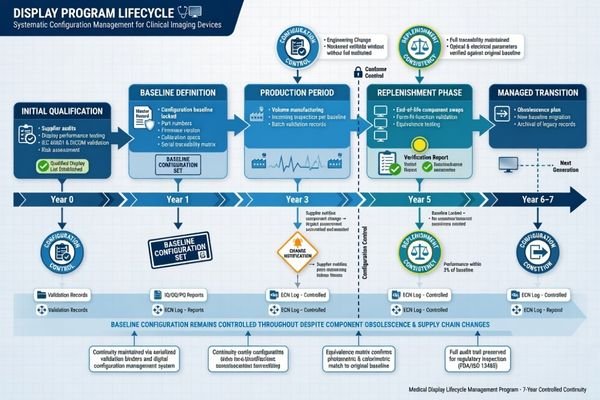 A timeline graphic showing a medical display program's lifecycle, with checkpoints for configuration control, change notification, and replenishment consistency