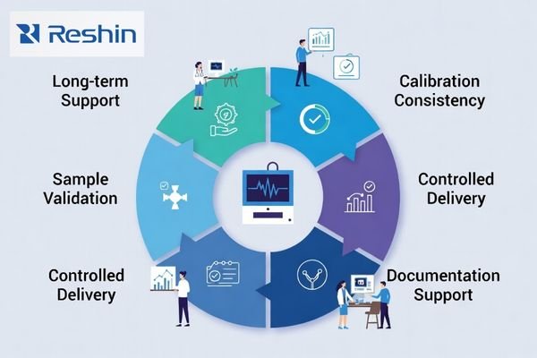 A visual showing manufacturer capability supporting sample validation, controlled delivery, documentation, and long-term support