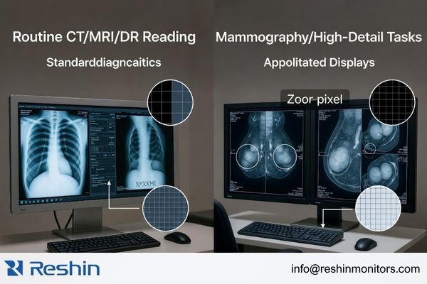 An image comparing a chest X-ray on one screen and a mammogram on another, highlighting different detail requirements