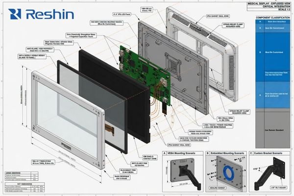 Mechanical integration planning for an OEM medical display including cutout, front glass, and mounting structure