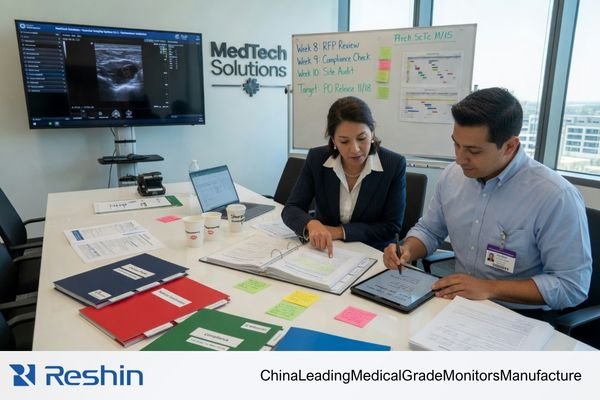 A buyer and an engineer reviewing a structured document package from a medical display supplier during supplier evaluation