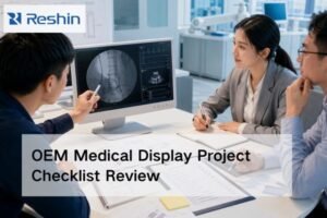 OEM medical display project kickoff meeting with engineers reviewing checklist, technical drawings, and monitor prototype