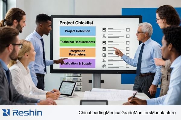 An OEM medical display project kickoff checklist reviewed by engineering, product, and sourcing teams
